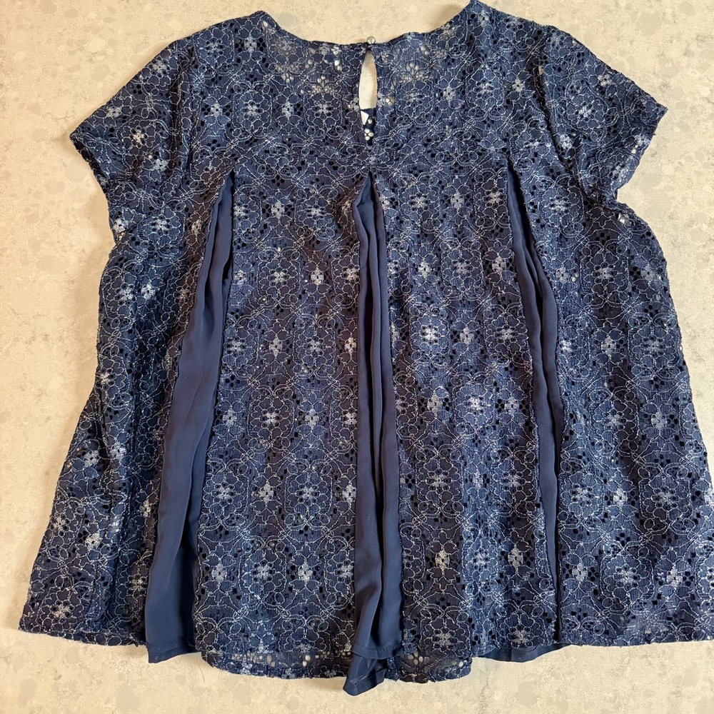 Lauren Conrad Womens XL Cap Sleeve Blouse  Navy Blue Sheer Sparkle